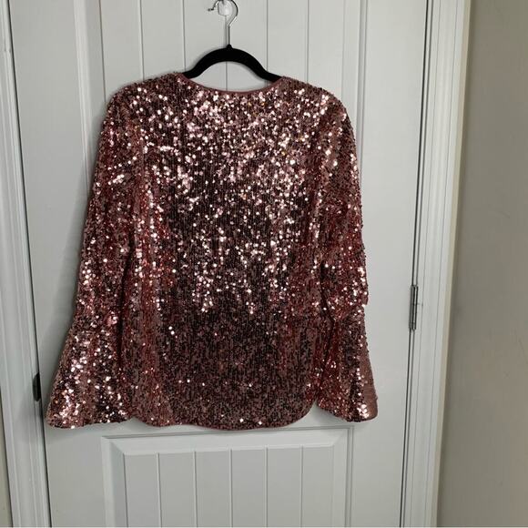 Anthropologie pink sequin bell sleeves blouse size 2 glam date night barbie - Picture 5 of 6